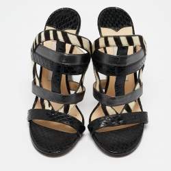 Jimmy Choo Black Zebra Print Calfhair and Snakeskin Vanisa Slide Sandals Size 36.5