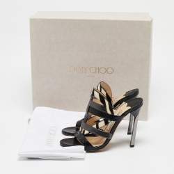 Jimmy Choo Black Zebra Print Calfhair and Snakeskin Vanisa Slide Sandals Size 36.5