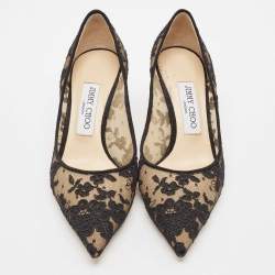 Jimmy Choo Black Floral Lace and Mesh Abel Pointed Toe Pumps Size 37