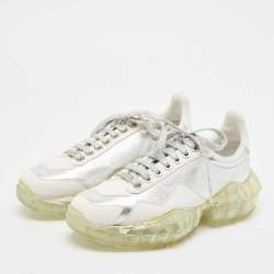 Pre Owned Jimmy Choo White/Silver Leather Diamond Low Top Sneakers Size 37