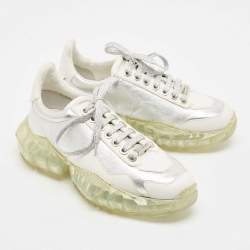 Pre Owned Jimmy Choo White/Silver Leather Diamond Low Top Sneakers Size 37