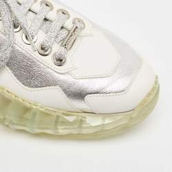 Pre Owned Jimmy Choo White/Silver Leather Diamond Low Top Sneakers Size 37