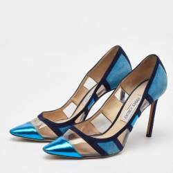Jimmy Choo Blue/Navy Blue Suede and PVC Romy Pointed Toe Pumps Size 39