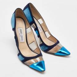 Jimmy Choo Blue/Navy Blue Suede and PVC Romy Pointed Toe Pumps Size 39