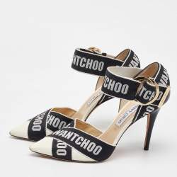 Jimmy Choo White/Black Leather and Fabric Bea Ankle Strap Sandals Size 40
