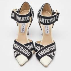 Jimmy Choo White/Black Leather and Fabric Bea Ankle Strap Sandals Size 40