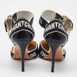 Jimmy Choo White/Black Leather and Fabric Bea Ankle Strap Sandals Size 40