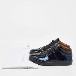 Jimmy Choo Black/Navy Blue Patent Leather and Sequins Low Top Sneakers Size 37