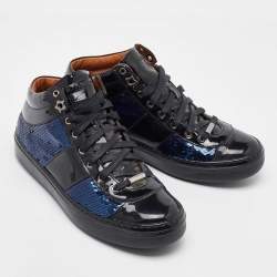 Jimmy Choo Black/Navy Blue Patent Leather and Sequins Low Top Sneakers Size 37