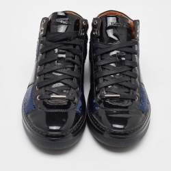 Jimmy Choo Black/Navy Blue Patent Leather and Sequins Low Top Sneakers Size 37