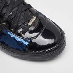 Jimmy Choo Black/Navy Blue Patent Leather and Sequins Low Top Sneakers Size 37