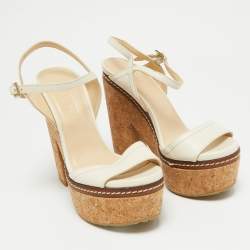 Jimmy Choo Cream Leather Wedge Cork Platform Sandals Size 37