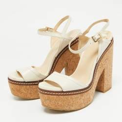 Jimmy Choo Cream Leather Wedge Cork Platform Sandals Size 37