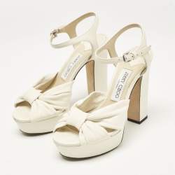 Pre Owned Jimmy Choo Cream Leather Peep Toe Platform Ankle Strap Sandals Size 37