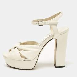 Pre Owned Jimmy Choo Cream Leather Peep Toe Platform Ankle Strap Sandals Size 37