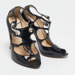 Pre Owned Jimmy Choo Black Cut out Patent Leather Peep Toe Pumps Size 38.5