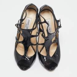 Pre Owned Jimmy Choo Black Cut out Patent Leather Peep Toe Pumps Size 38.5