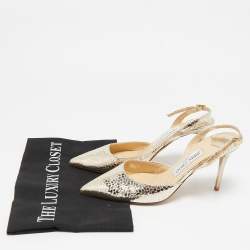 Jimmy Choo Gold Texture Leather Pointed Toe Slingback Pumps Size 36.5