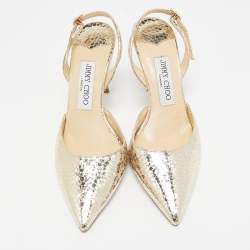 Jimmy Choo Gold Texture Leather Pointed Toe Slingback Pumps Size 36.5