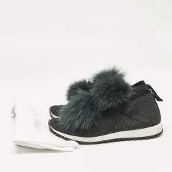 Jimmy Choo Green Fur and Lurex Fabric Norway Pom Pom Sneakers Size 40