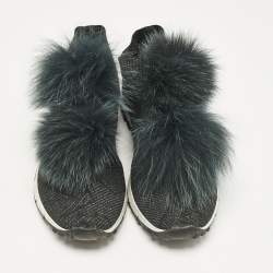 Jimmy Choo Green Fur and Lurex Fabric Norway Pom Pom Sneakers Size 40