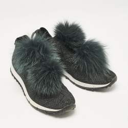 Jimmy Choo Green Fur and Lurex Fabric Norway Pom Pom Sneakers Size 40