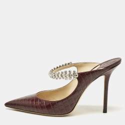 Jimmy Choo Burgundy Croc Embossed Leather Bing 100 Mules Size 39