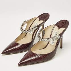 Jimmy Choo Burgundy Croc Embossed Leather Bing 100 Mules Size 39