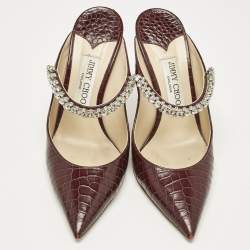 Jimmy Choo Burgundy Croc Embossed Leather Bing 100 Mules Size 39