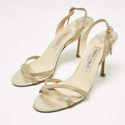 Jimmy Choo Gold Leather and Glitter India Slingback Sandals Size 37.5