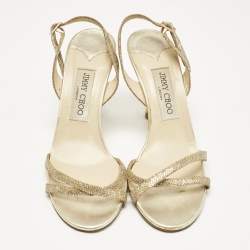 Jimmy Choo Gold Leather and Glitter India Slingback Sandals Size 37.5