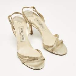 Jimmy Choo Gold Leather and Glitter India Slingback Sandals Size 37.5