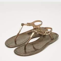 Jimmy Choo Metallic Gold Rubber T Strap Thong Flats Sandals Size 37