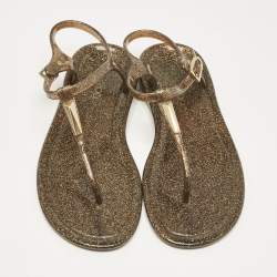 Jimmy Choo Metallic Gold Rubber T Strap Thong Flats Sandals Size 37
