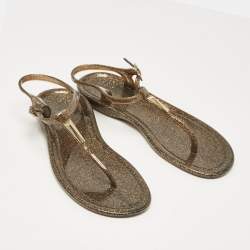 Jimmy Choo Metallic Gold Rubber T Strap Thong Flats Sandals Size 37