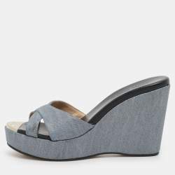 Jimmy Choo Blue Denim Prima Wedge Sandals Size 37.5