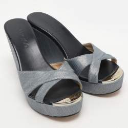 Jimmy Choo Blue Denim Prima Wedge Sandals Size 37.5
