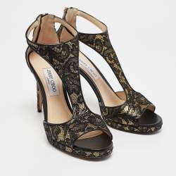Jimmy Choo Black/Gold Lace and Lurex Fabric Lana Sandals Size 41