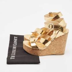 مملوكة مسبقًا Jimmy Choo Metallic Gold Leather Cork Wedge Sandals Size 37