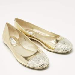 Jimmy Choo Gold Leather Waine Crystal Embellished Cap Toe Ballet Flats Size 39.5