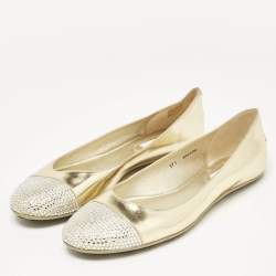 Jimmy Choo Gold Leather Waine Crystal Embellished Cap Toe Ballet Flats Size 39.5