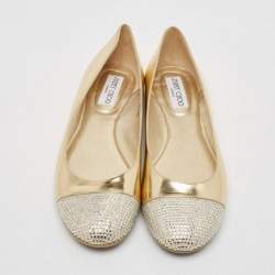 Jimmy Choo Gold Leather Waine Crystal Embellished Cap Toe Ballet Flats Size 39.5