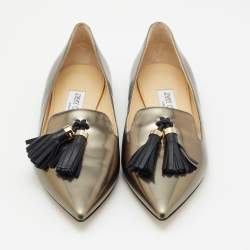 Jimmy Choo Metallic Leather Gabby Tasseled Pewter Flats Size 39