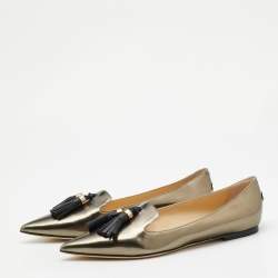 Jimmy Choo Metallic Leather Gabby Tasseled Pewter Flats Size 39