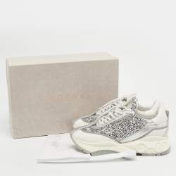 Pre Owned Jimmy Choo White/Silver Leather and Glitter Raine Low Top Sneakers Size 35.5
