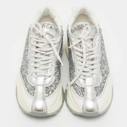 Pre Owned Jimmy Choo White/Silver Leather and Glitter Raine Low Top Sneakers Size 35.5