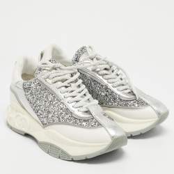 Pre Owned Jimmy Choo White/Silver Leather and Glitter Raine Low Top Sneakers Size 35.5
