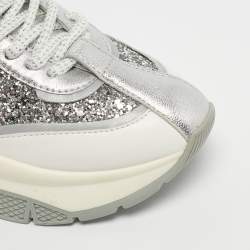Pre Owned Jimmy Choo White/Silver Leather and Glitter Raine Low Top Sneakers Size 35.5