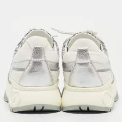 Pre Owned Jimmy Choo White/Silver Leather and Glitter Raine Low Top Sneakers Size 35.5