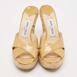 Jimmy Choo Beige Patent Leather Phyllis Espadrilles Platform Wedges Sandals Size 37